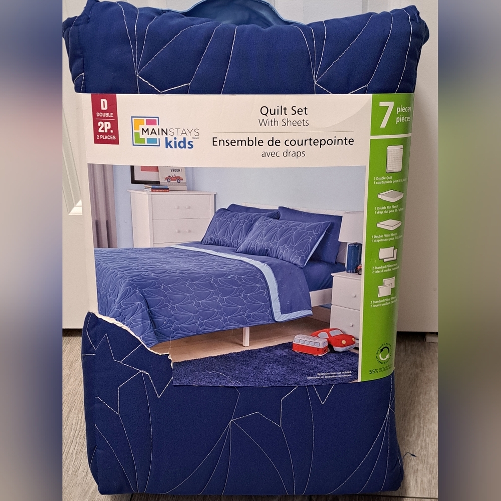 Mainstays Kids Navy Cars/trucks 7pc Quilt Set With Sheets